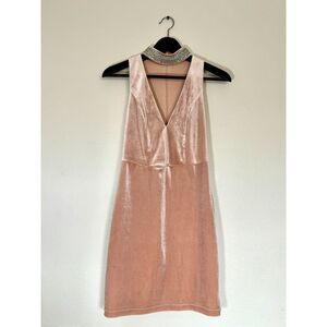 Elegant Champagne Pink Faux Suede Jeweled Choker Dress